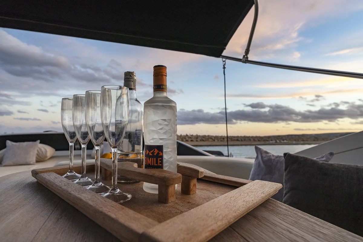 Deck of Auri, a Abacus 70 motor yacht at Port d'Andratx, Spain