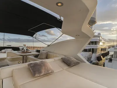 Deck of Auri, a Abacus 70 motor yacht at Port d'Andratx, Spain