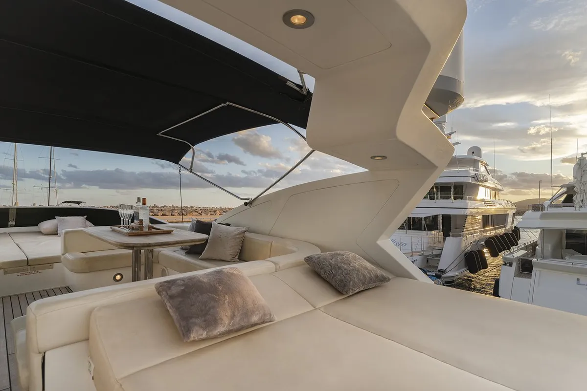 Deck of Auri, a Abacus 70 motor yacht at Port d'Andratx, Spain