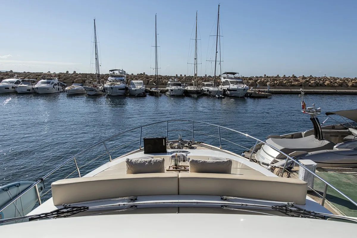 Deck of Auri, a Abacus 70 motor yacht at Port d'Andratx, Spain