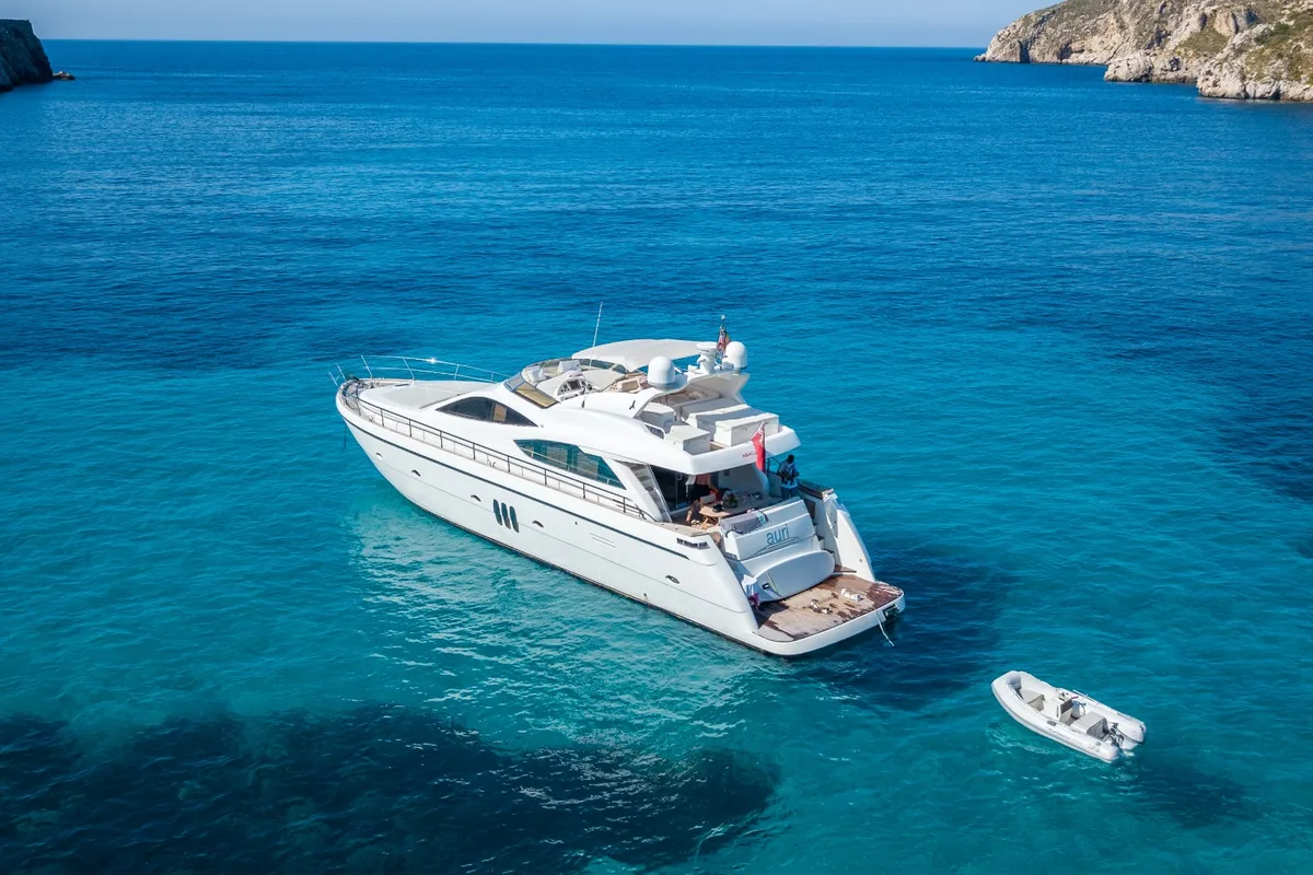 Exterior view of Auri, a Abacus 70 motor yacht at Port d'Andratx, Spain