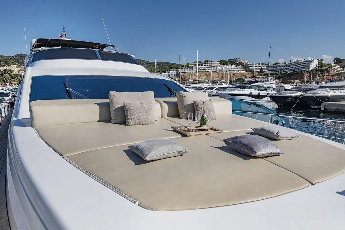Deck of Auri, a Abacus 70 motor yacht at Port d'Andratx, Spain