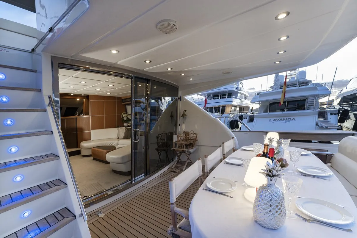 Deck of Auri, a Abacus 70 motor yacht at Port d'Andratx, Spain