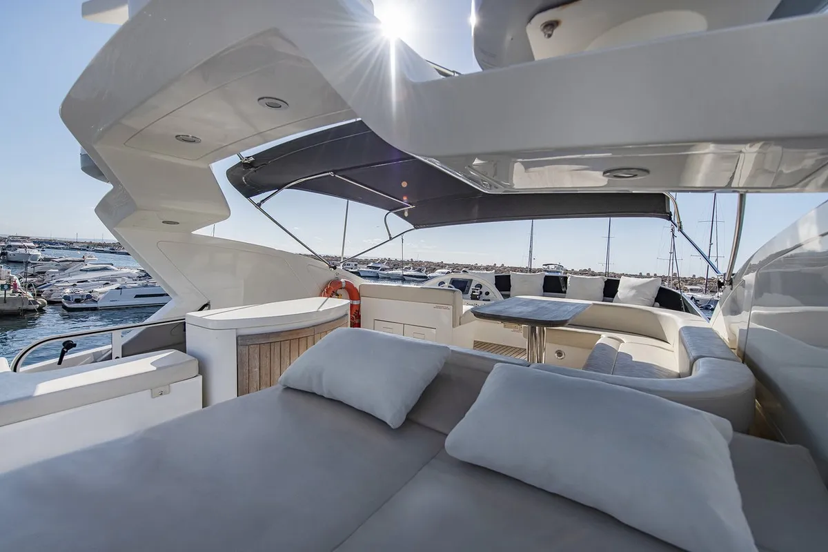 Deck of Auri, a Abacus 70 motor yacht at Port d'Andratx, Spain