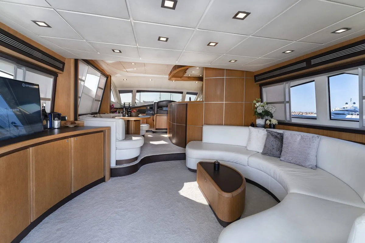 Salon of Auri, a Abacus 70 motor yacht at Port d'Andratx, Spain