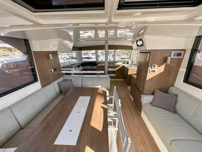 Salon of Amon Re, a Bali Catspace catamaran at Grad Kaštela, Croatia