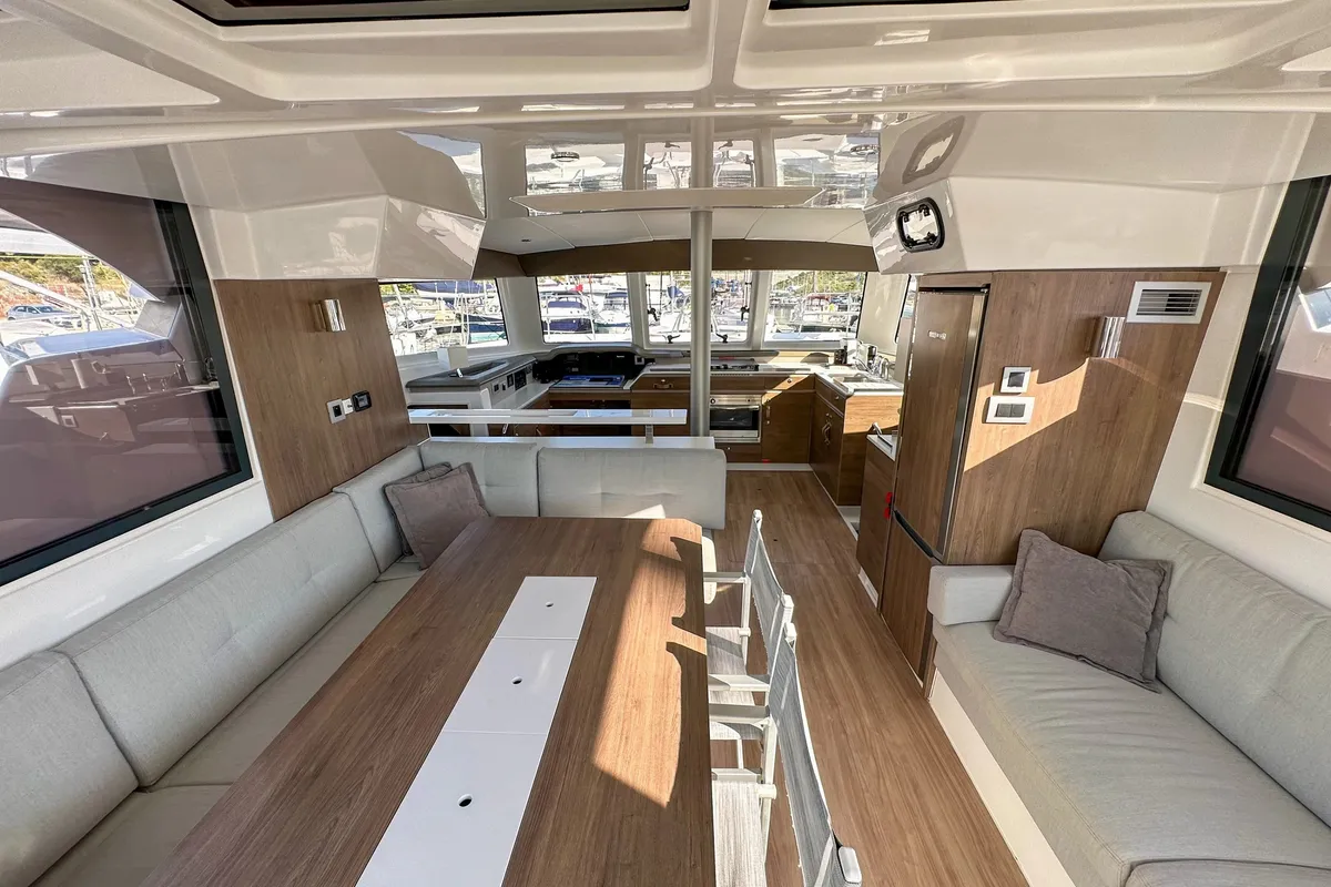 Salon of Amon Re, a Bali Catspace catamaran at Grad Kaštela, Croatia