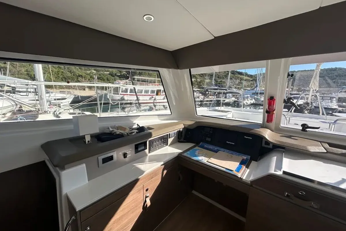 Cockpit of Amon Re, a Bali Catspace catamaran at Grad Kaštela, Croatia