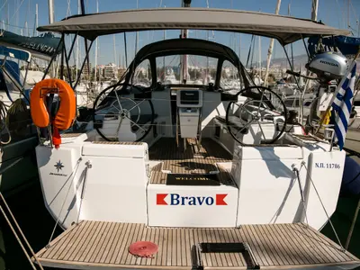 Cockpit of Bravo, a Jeanneau Sun Odyssey 449 sailboat at Athens, Greece