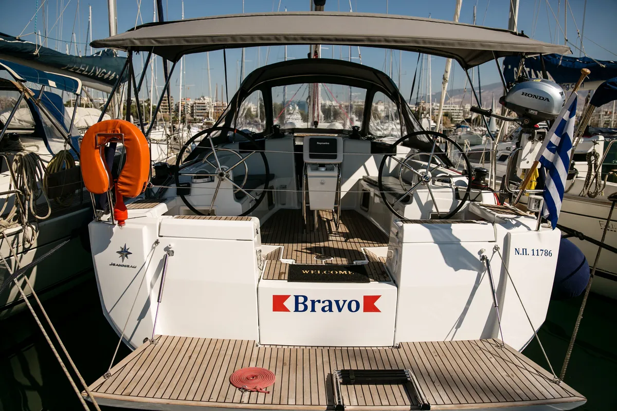Cockpit of Bravo, a Jeanneau Sun Odyssey 449 sailboat at Athens, Greece