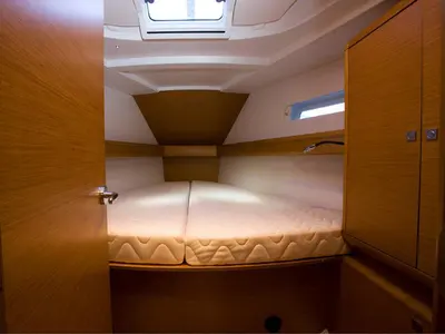 Cabin on Bravo, a Jeanneau Sun Odyssey 449 sailboat at Athens, Greece