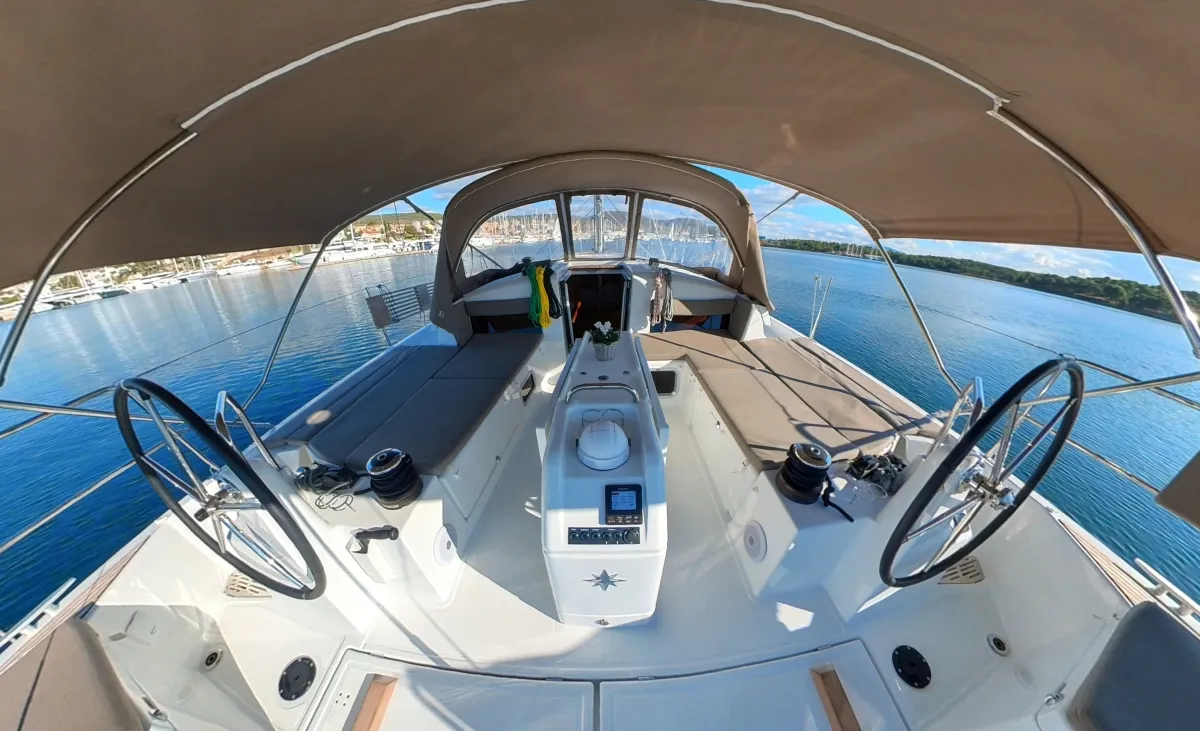 Cockpit of Uri, a Jeanneau Sun Odyssey 440 sailboat at Pirovac, Croatia