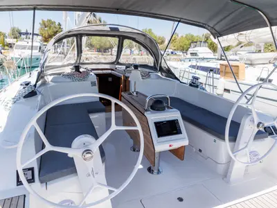 Cockpit of EROS, a Bavaria Cruiser 46 sailboat at Athens, Greece