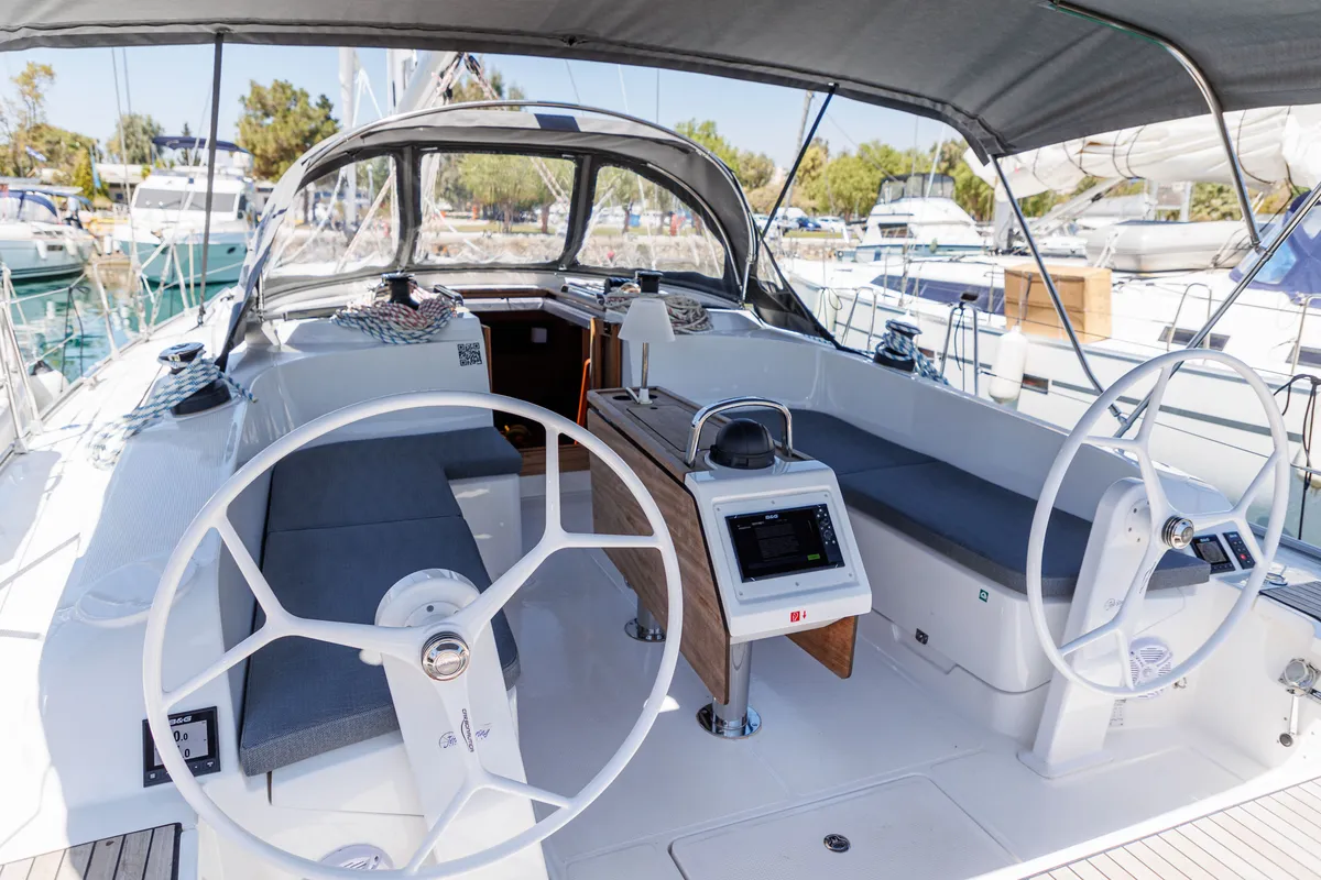 Cockpit of EROS, a Bavaria Cruiser 46 sailboat at Athens, Greece