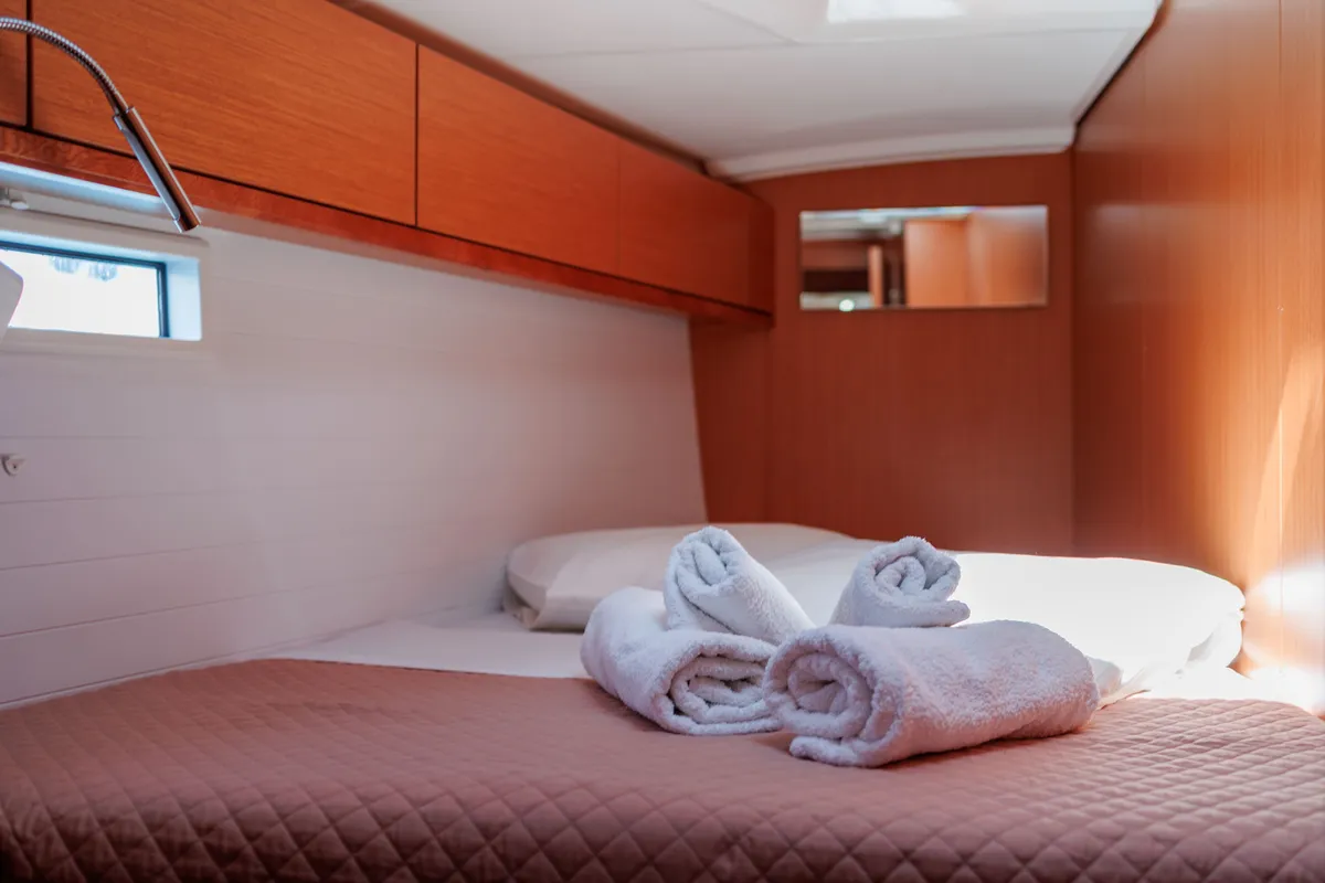 Cabin on EROS, a Bavaria Cruiser 46 sailboat at Athens, Greece