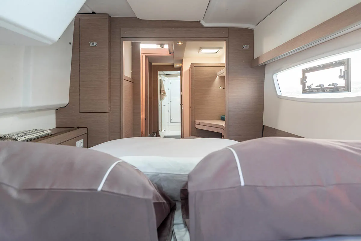 Cabin on Monkey Puppy, a Fountaine Pajot Isla 40 catamaran at Athens, Greece