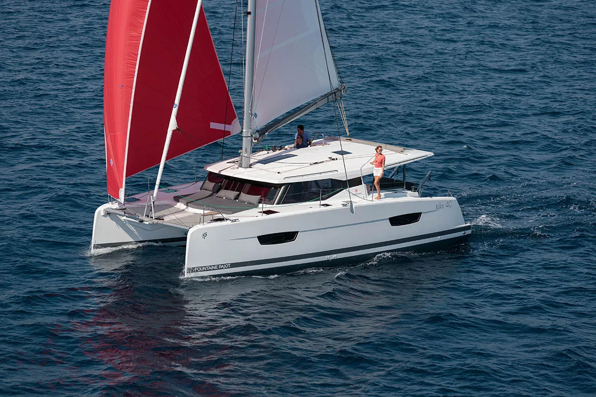 Exterior view of Monkey Puppy, a Fountaine Pajot Isla 40 catamaran at Athens, Greece