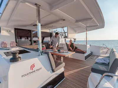 Deck of Monkey Puppy, a Fountaine Pajot Isla 40 catamaran at Athens, Greece