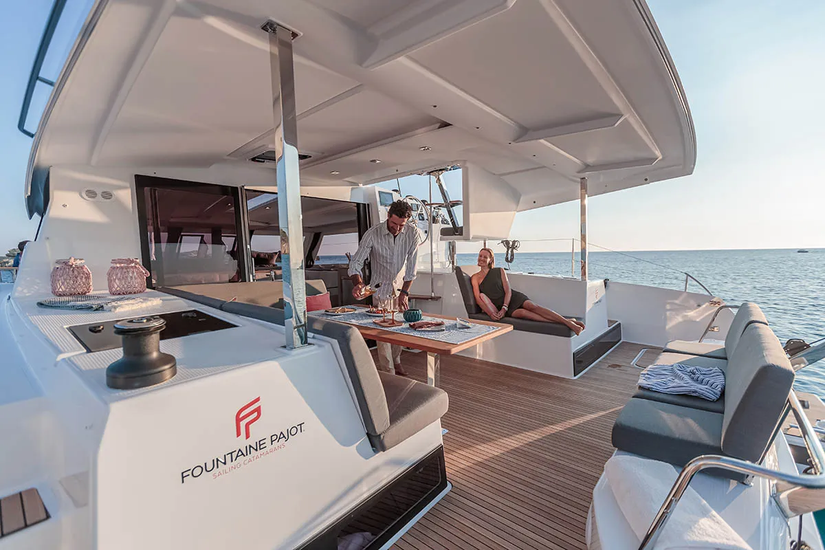 Deck of Monkey Puppy, a Fountaine Pajot Isla 40 catamaran at Athens, Greece