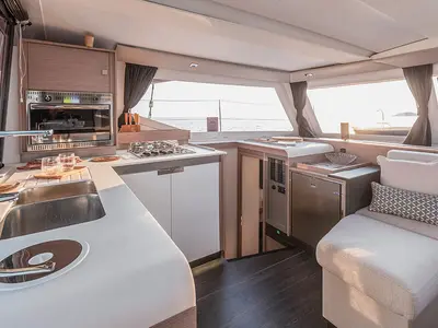 Galley of Monkey Puppy, a Fountaine Pajot Isla 40 catamaran at Athens, Greece