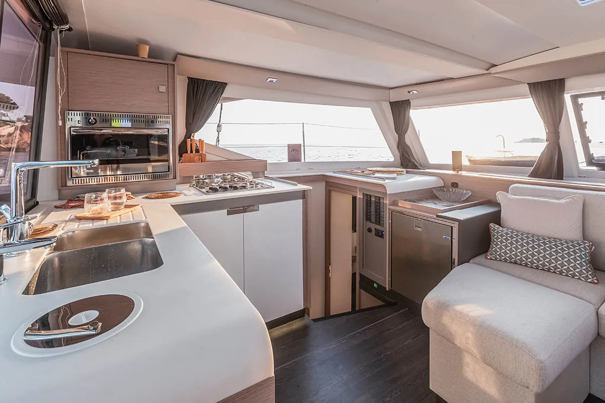 Galley of Monkey Puppy, a Fountaine Pajot Isla 40 catamaran at Athens, Greece