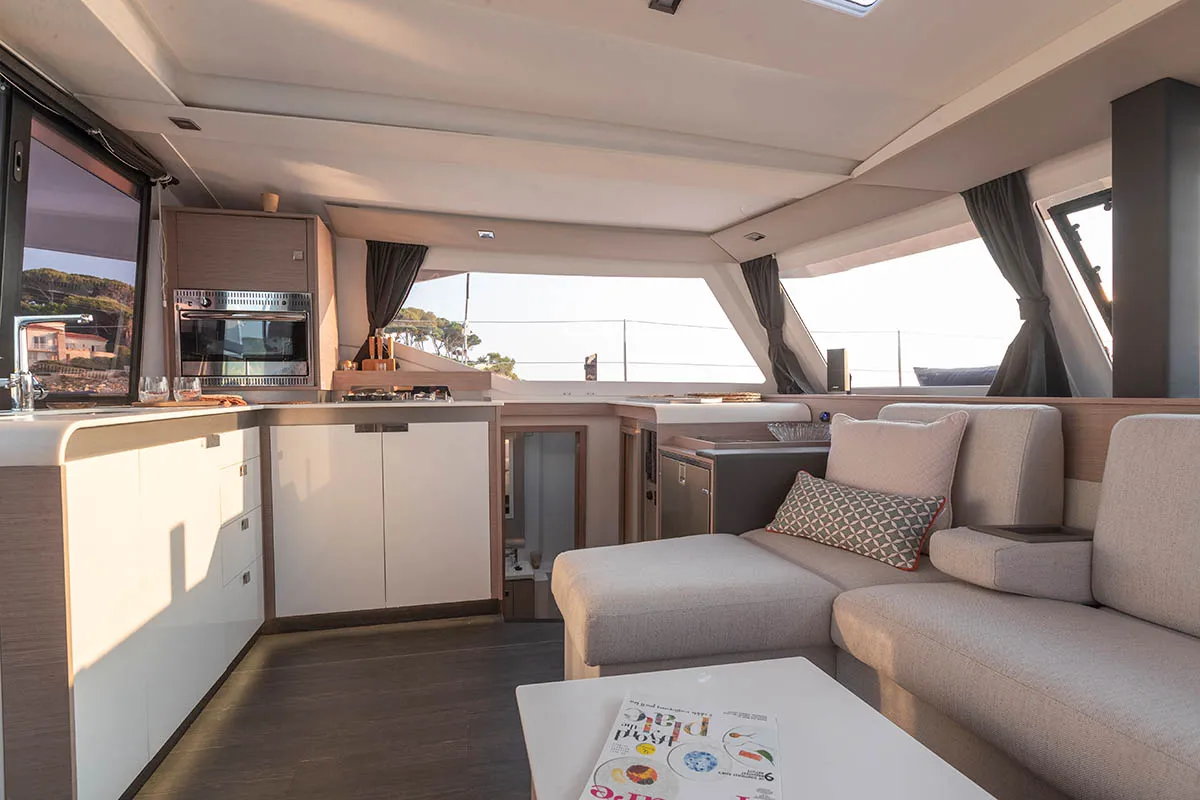 Galley of Monkey Puppy, a Fountaine Pajot Isla 40 catamaran at Athens, Greece