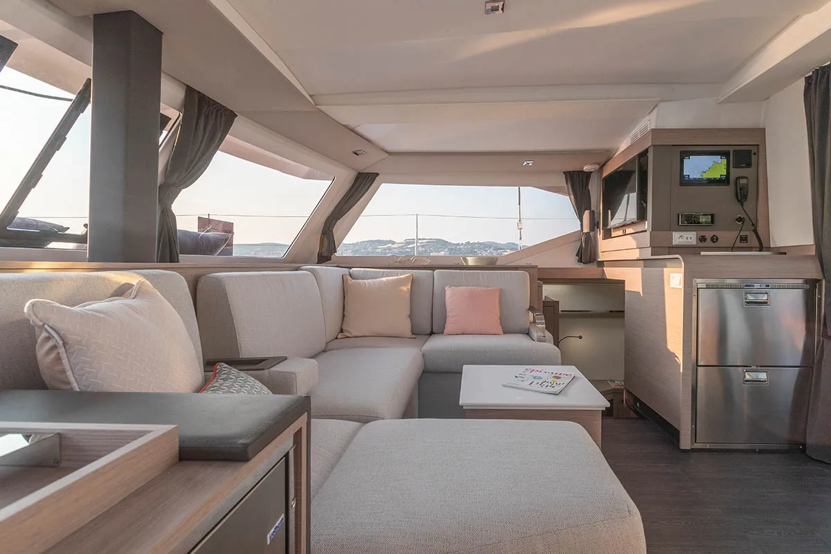 Salon of Monkey Puppy, a Fountaine Pajot Isla 40 catamaran at Athens, Greece