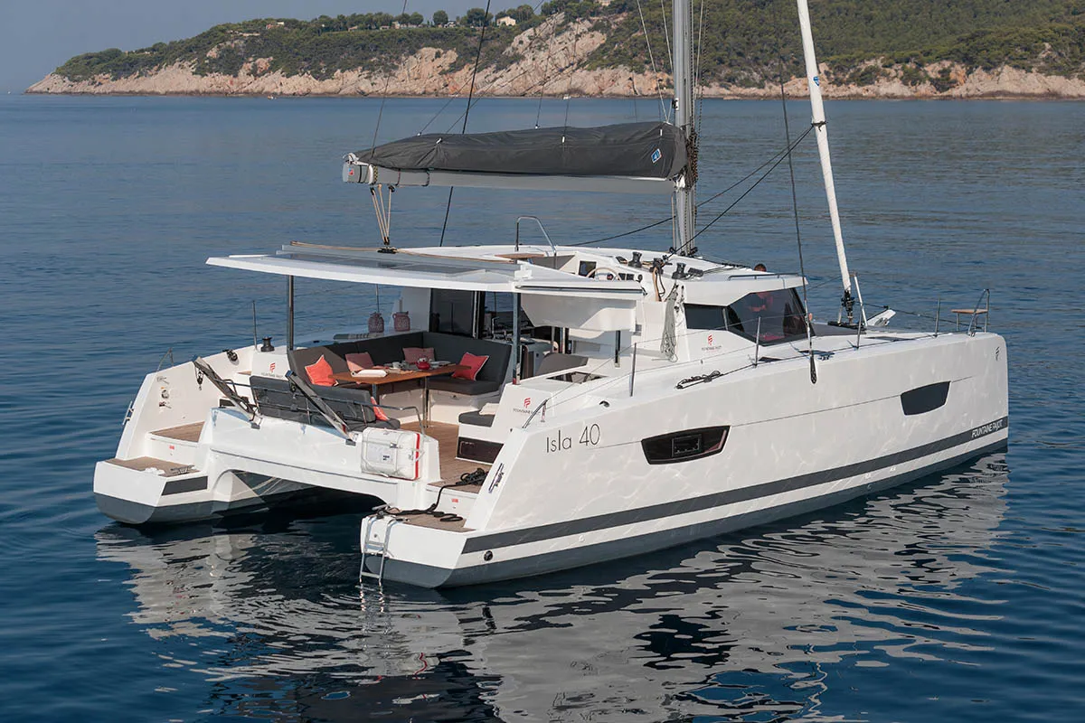 Exterior view of Monkey Puppy, a Fountaine Pajot Isla 40 catamaran at Athens, Greece