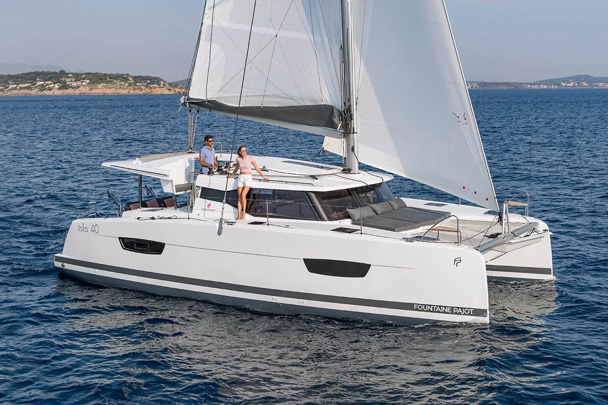Exterior view of Monkey Puppy, a Fountaine Pajot Isla 40 catamaran at Athens, Greece