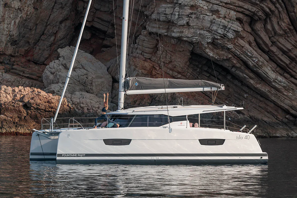Exterior view of Monkey Puppy, a Fountaine Pajot Isla 40 catamaran at Athens, Greece