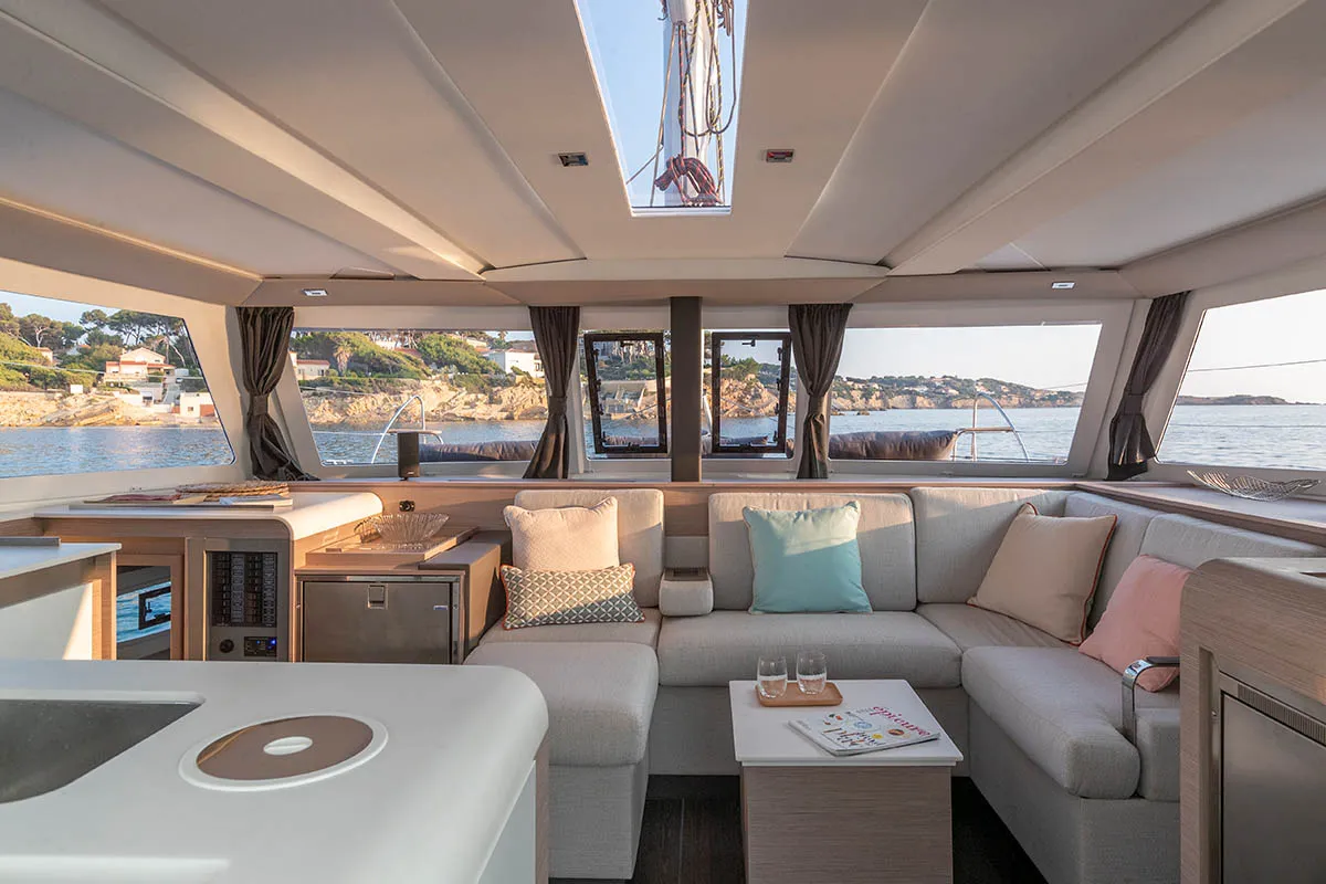 Galley of Monkey Puppy, a Fountaine Pajot Isla 40 catamaran at Athens, Greece
