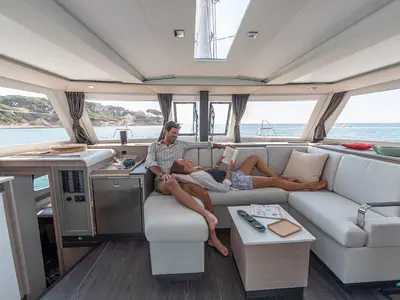 Salon of Monkey Puppy, a Fountaine Pajot Isla 40 catamaran at Athens, Greece