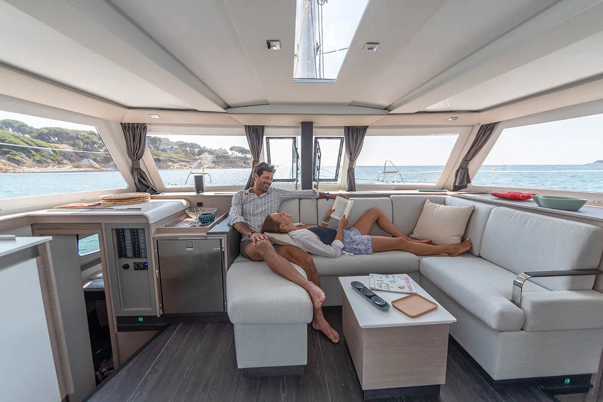 Salon of Monkey Puppy, a Fountaine Pajot Isla 40 catamaran at Athens, Greece