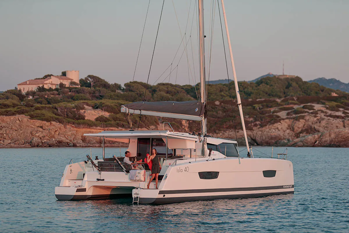 Exterior view of Monkey Puppy, a Fountaine Pajot Isla 40 catamaran at Athens, Greece