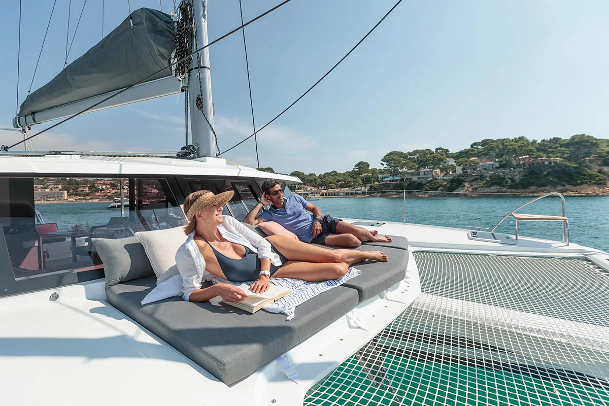 Deck of Monkey Puppy, a Fountaine Pajot Isla 40 catamaran at Athens, Greece
