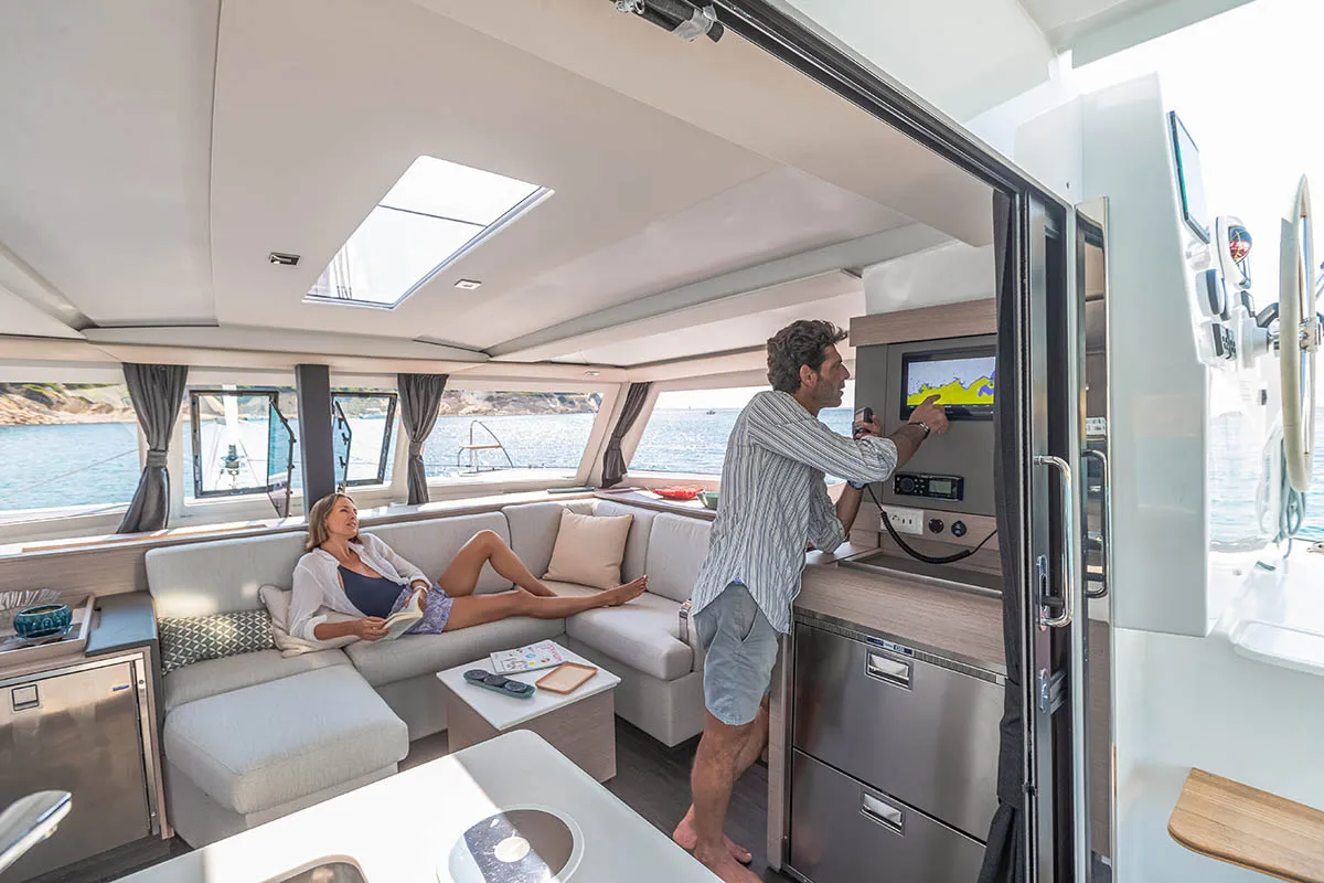Salon of Monkey Puppy, a Fountaine Pajot Isla 40 catamaran at Athens, Greece