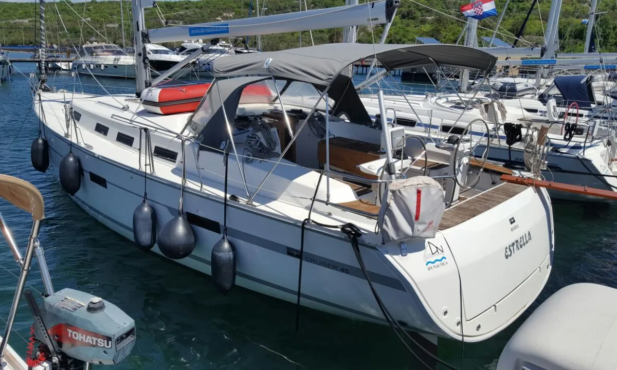 Exterior view of Estrella, a Bavaria Cruiser 45 sailboat at Punat, Croatia