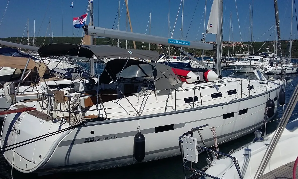 Exterior view of Estrella, a Bavaria Cruiser 45 sailboat at Punat, Croatia