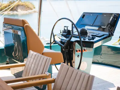 Cockpit of Midori, a Sunreef 70 catamaran at Kaštela, Croatia