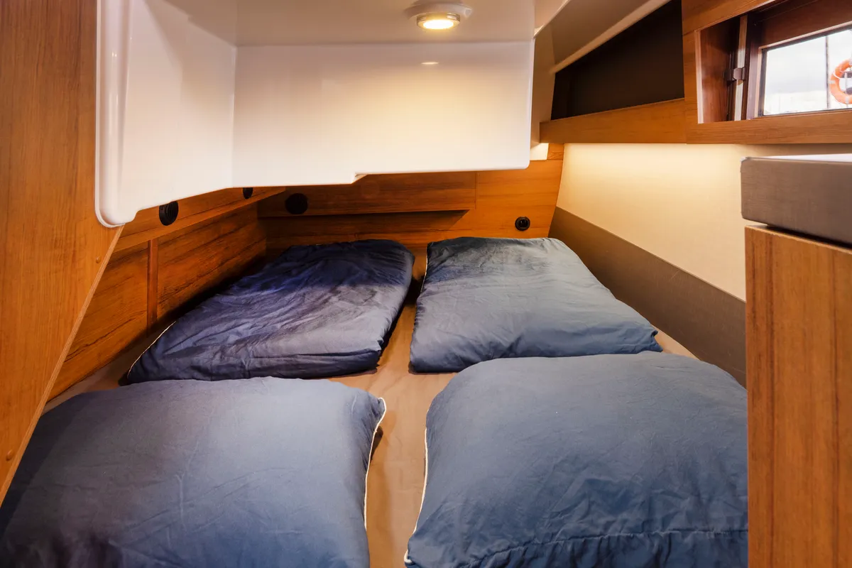 Cabin on Tarantino, a Northman 1200 motorboat at Sztynort, Poland