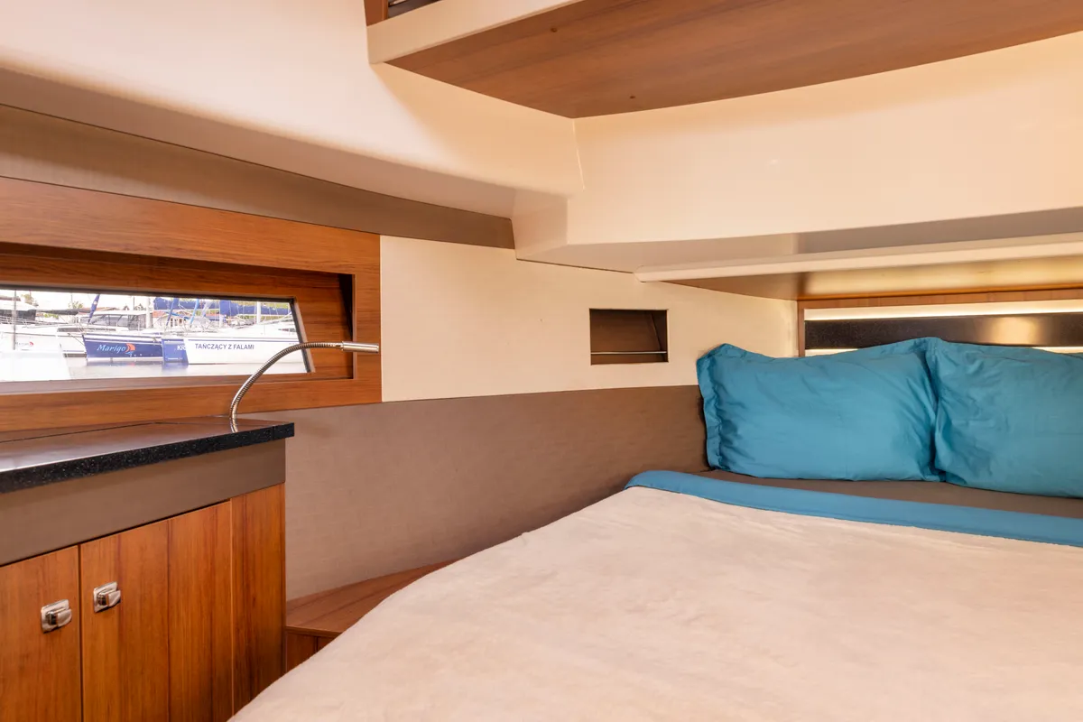 Cabin on Tarantino, a Northman 1200 motorboat at Sztynort, Poland