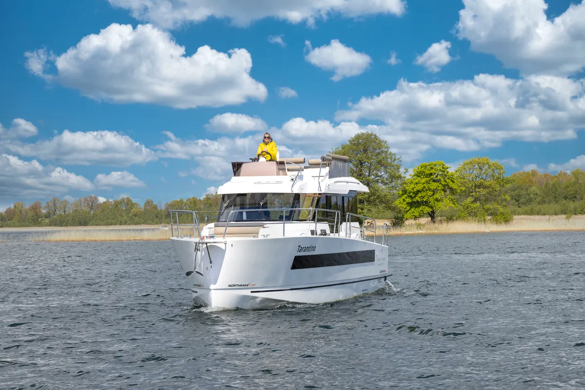 Exterior view of Tarantino, a Northman 1200 motorboat at Sztynort, Poland