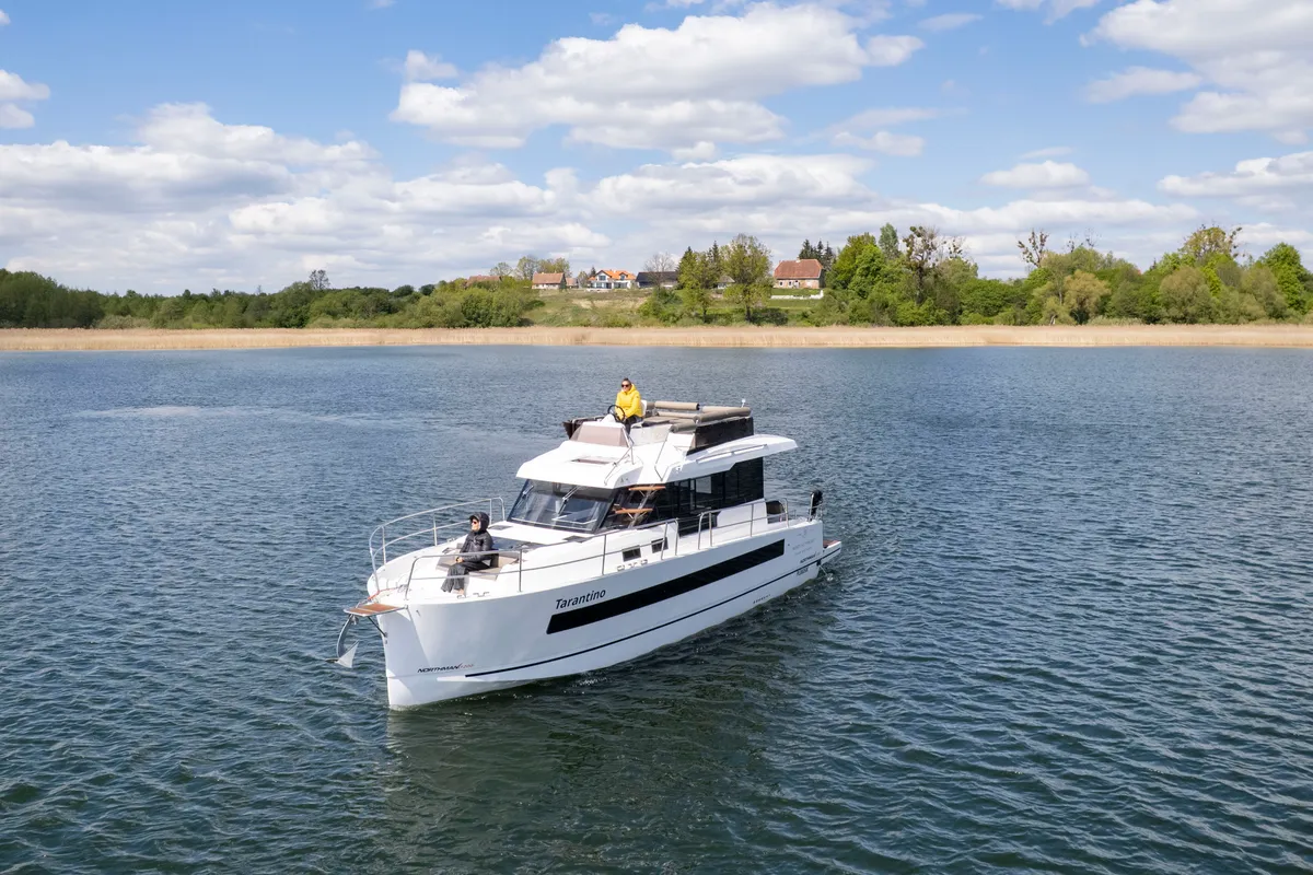 Exterior view of Tarantino, a Northman 1200 motorboat at Sztynort, Poland