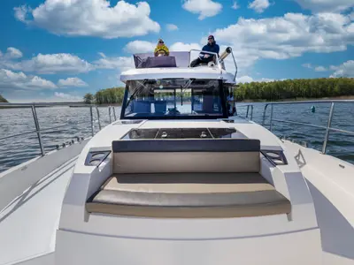 Deck of Tarantino, a Northman 1200 motorboat at Sztynort, Poland