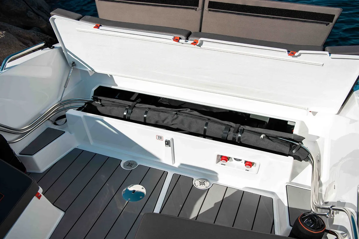Deck of Iris, a Nordkapp Avant 705 motorboat at Alyki, Greece