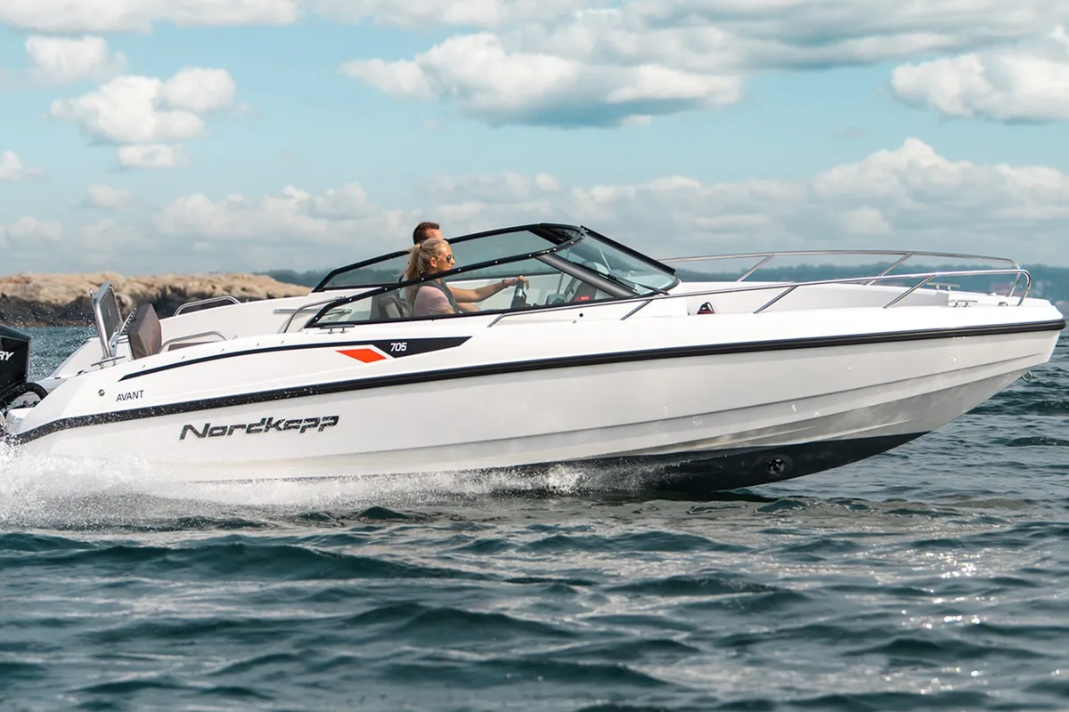 Exterior view of Iris, a Nordkapp Avant 705 motorboat at Alyki, Greece