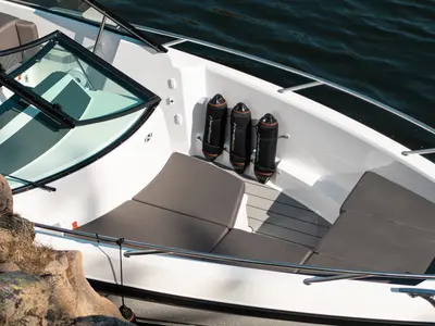 Deck of Iris, a Nordkapp Avant 705 motorboat at Alyki, Greece