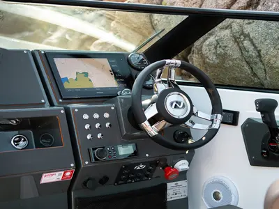 Cockpit of Iris, a Nordkapp Avant 705 motorboat at Alyki, Greece