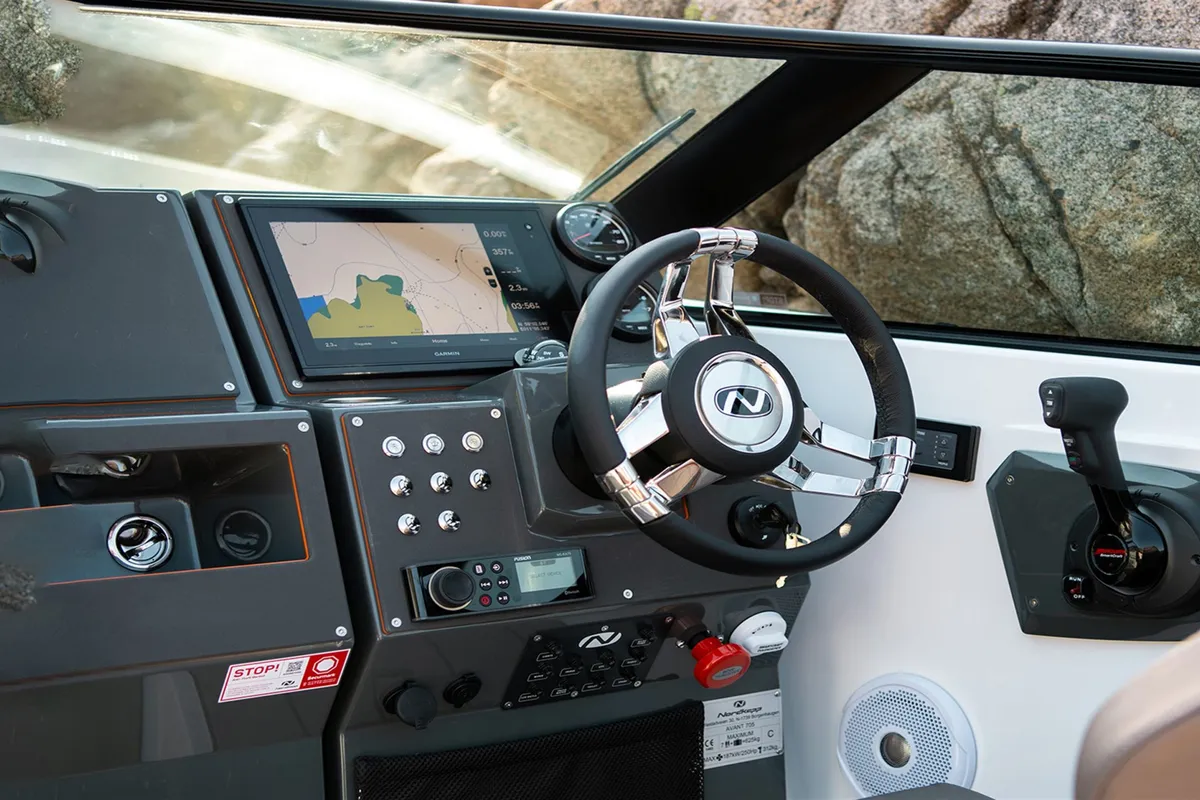 Cockpit of Iris, a Nordkapp Avant 705 motorboat at Alyki, Greece