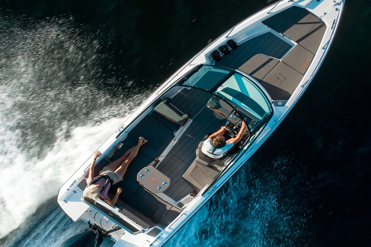 Exterior view of Iris, a Nordkapp Avant 705 motorboat at Alyki, Greece